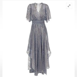 MAJE‎ Richelane Shirred Printed Metallic Jacquard Maxi Dress Blue Sz 38 US 6